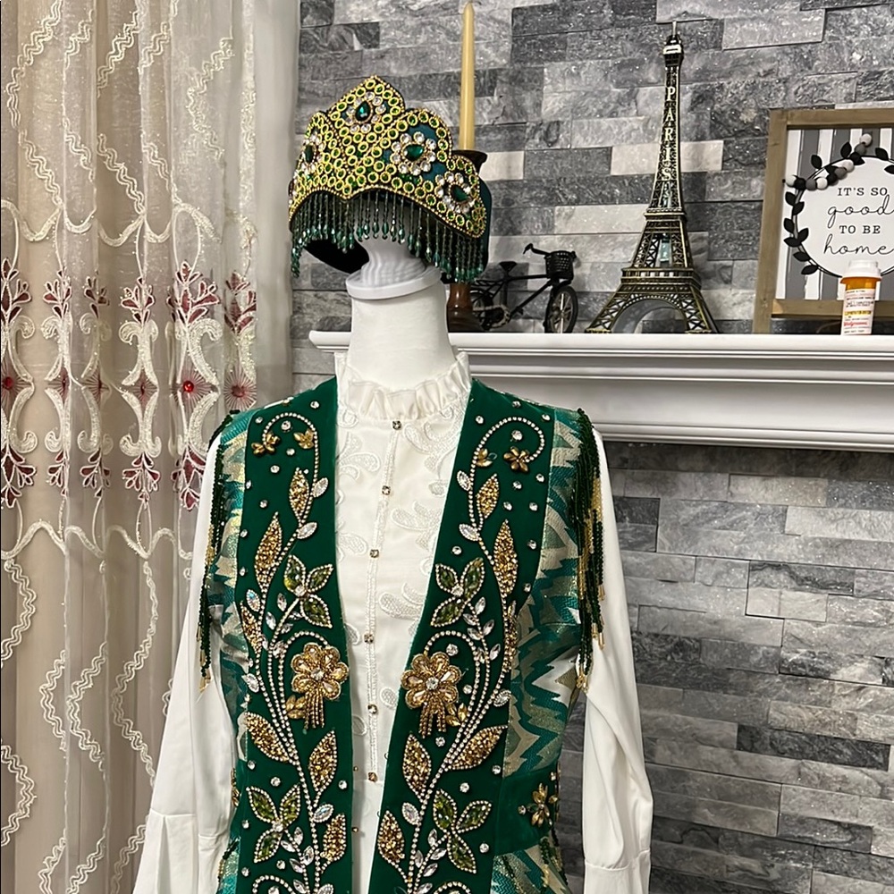 Turkish Embellished Green Vest with Gold beaded and rhinestones 3 pieces - Picture 1 of 14
